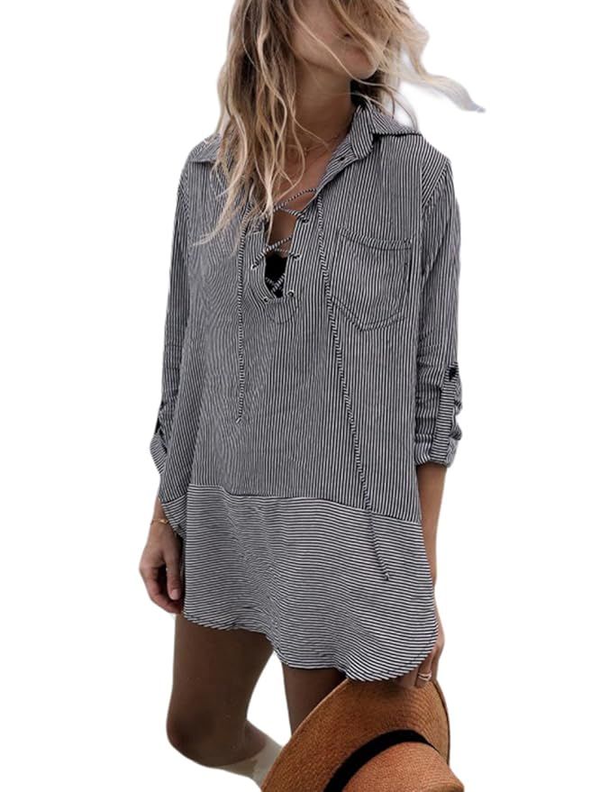 Bsubseach Women Embroidered Half/Long Sleeve Swimsuit Cover Up Mini Beach Dress | Amazon (US)