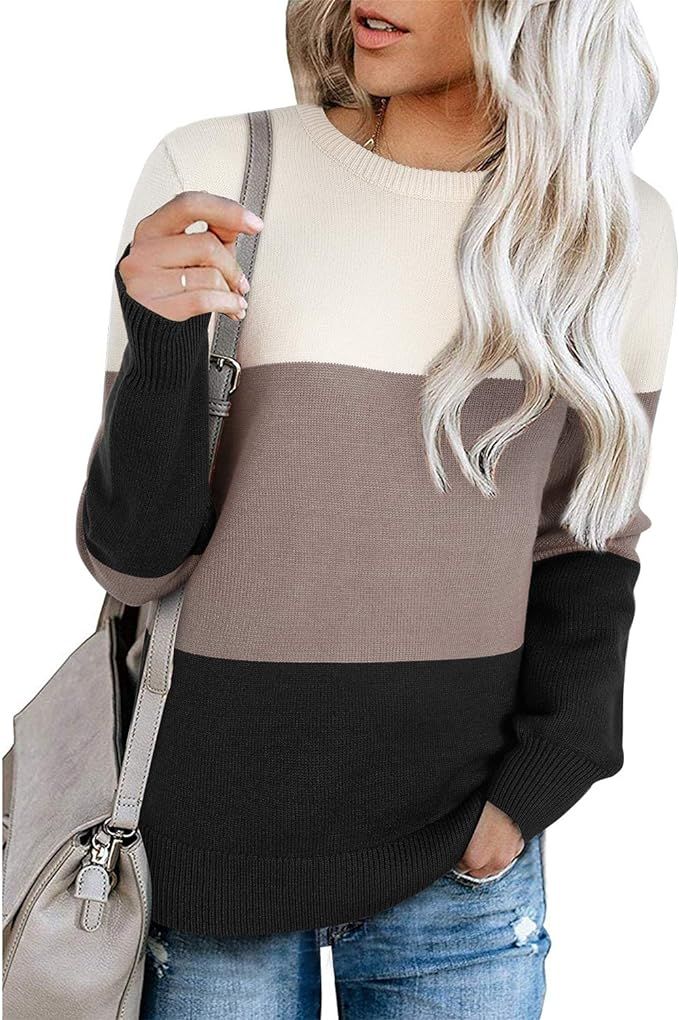 LAISHEN Women's Casual Loose Long Sleeve Crew Neck Color Block Knit Pullover Sweater Jumper Tops | Amazon (US)