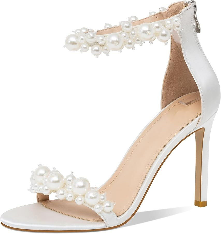 Women's White Heeled Sandals with Pearl Decoration Stiletto Heels Open Toe Back Zipper Wedding Se... | Amazon (US)