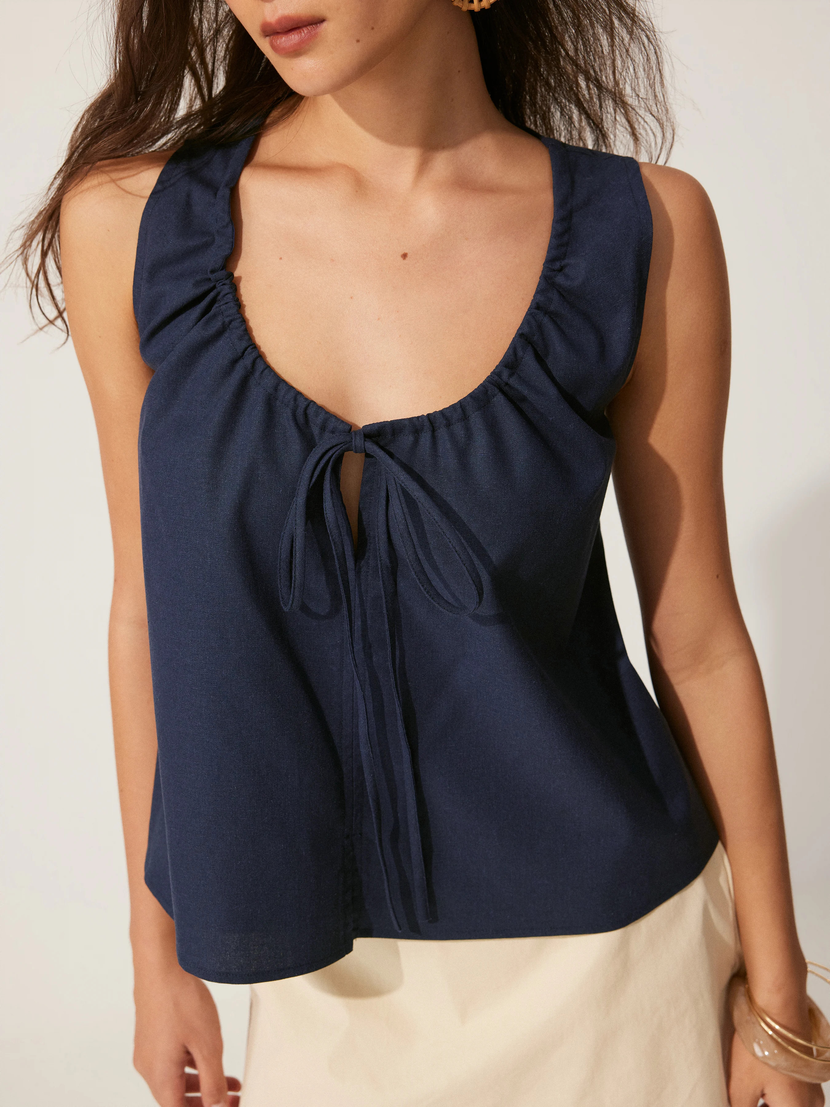 Linen-blend Tie-front Sleeveless Blouse | Cider
