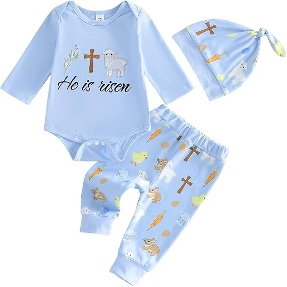 Twopumpkin Easter Baby Boy Outfit Newborn Long Sleeve Bunny Lamb Onesie Romper+Pants+Hat Infant T... | Amazon (US)