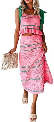 Seyumixi Women Crochet Knit 2 Piece Vacation Outfits Sleeveless Striped Tie Shoulder Tank Top Bod... | Amazon (US)