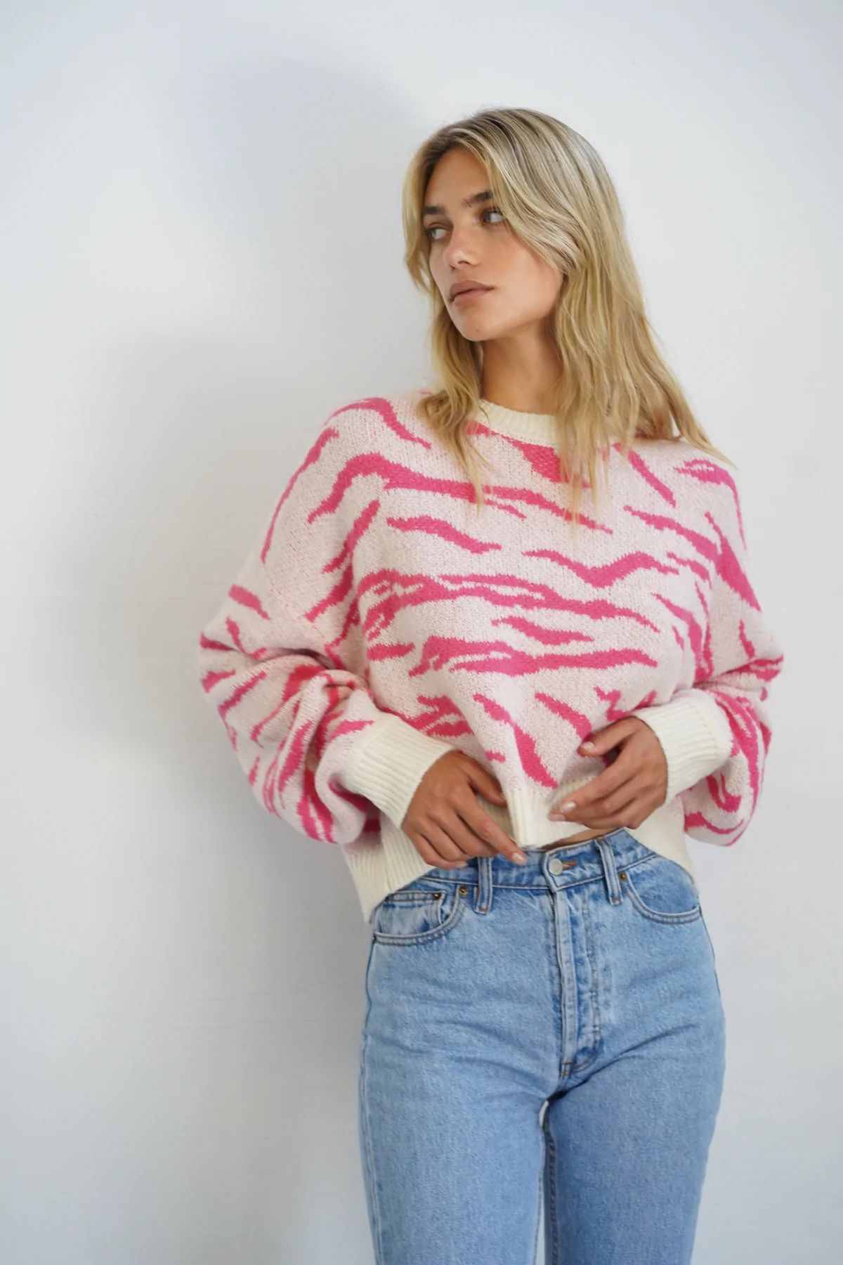 Animal Jacquard Sweater - Ivory Pink Animal | LNA Clothing