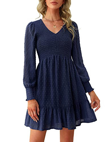 Ellakoko Navy Blue Dress for Women Long Sleeve Spring 2024 Casual Empire Waist Smocked Swiss Dot Babydoll Mini Maternity Dress for Photoshoot Swiss Dot Navy S | Amazon (US)