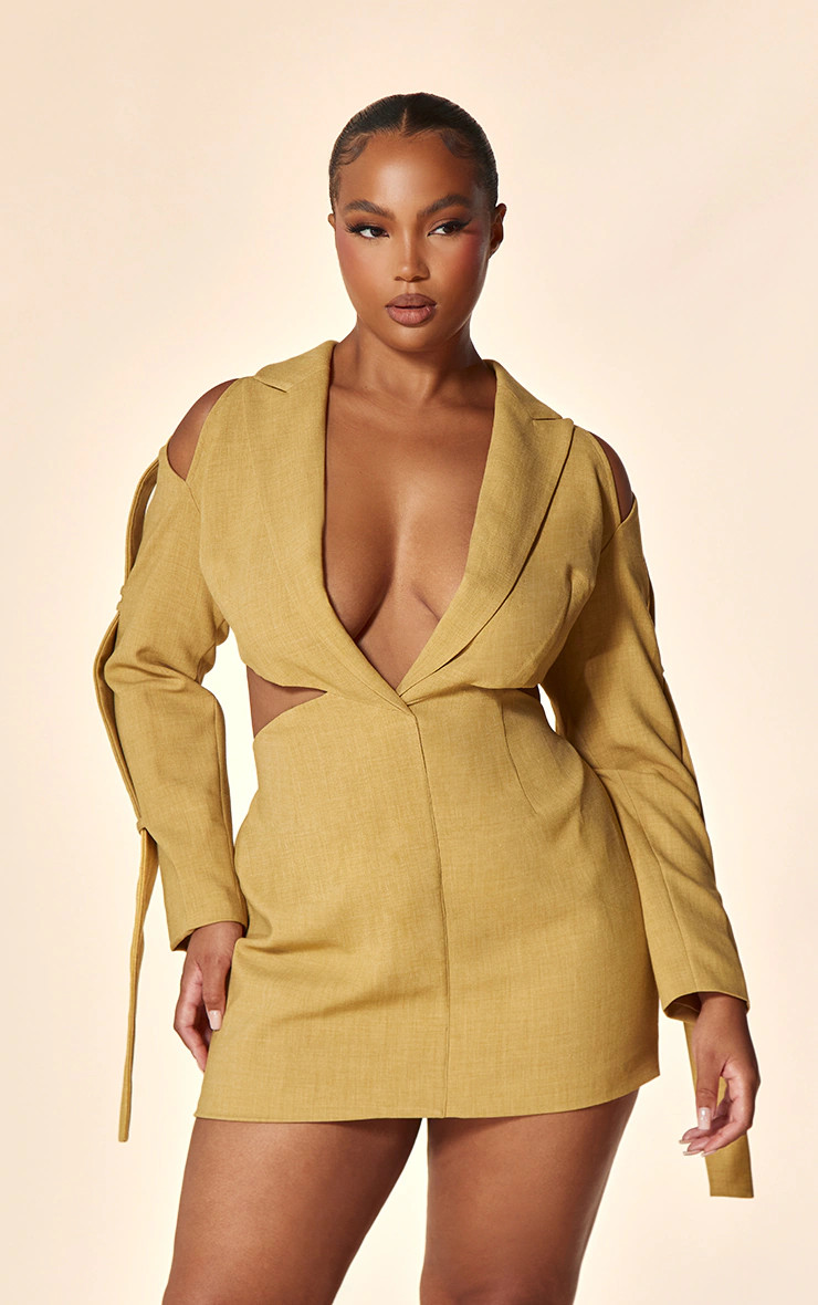 PLT Label Plus Mustard Strap Sleeve Detail Cut Out Blazer Dress | PrettyLittleThing US