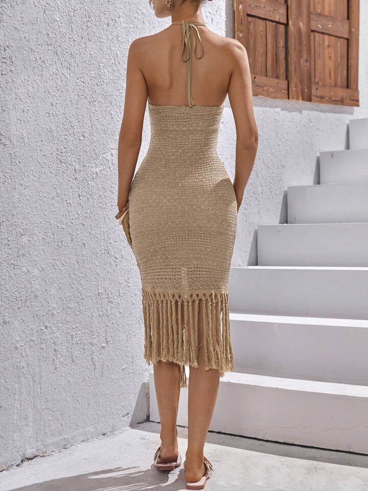 SHEIN VCAY Fringe Hem Tie Backless Halter Bodycon Dress | SHEIN