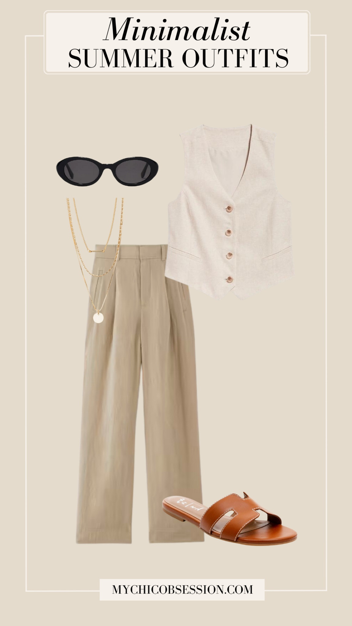 Dress to impress in this monochromatic look for summer. Pair a flax linen vest with neutral trousers, gold necklaces, oval sunglasses, and a pair of cognac sandals.

#LTKstyletip #LTKSeasonal #LTKshoecrush