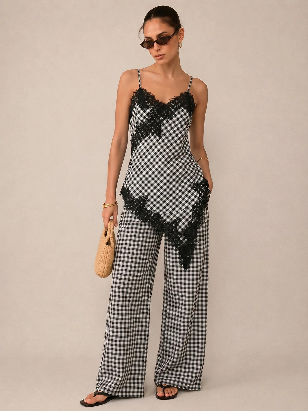 Gingham Cotton Lace Trim Cami Top & Pants Set | Commense