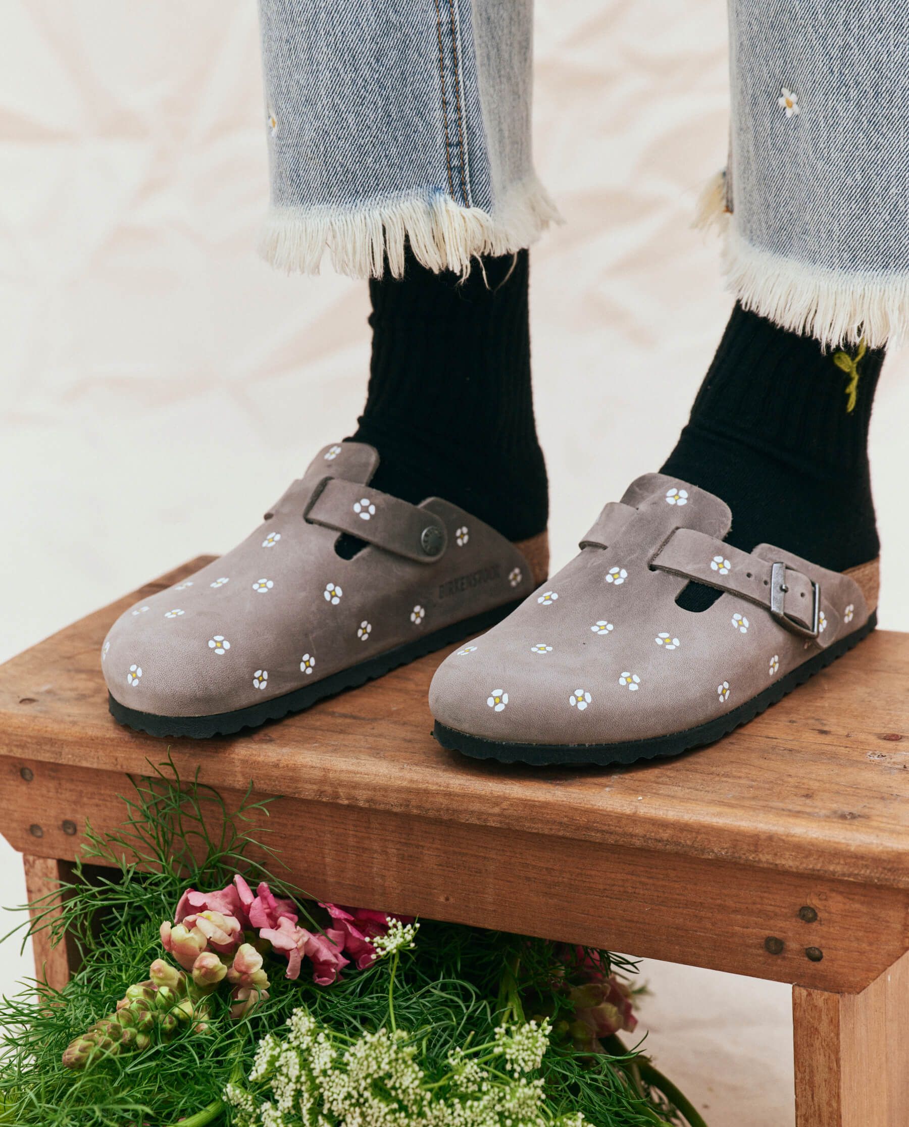 BIRKENSTOCK Boston with Hand Painted Tooled Daisy. | THE GREAT.