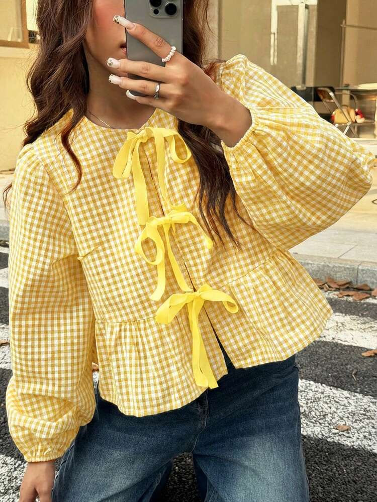 SHEIN EZwear Plus Size Casual Plaid Shirt, Light Yellow Summer Tops Yellow Cute Yellow Top Gingham Top Yellow Blouses Yellow Gingham Top New Year,Thanksgiving,Party,Wedding,Beach,Graduati,Chic,Elegant,Casual,Going Out,Date,Appointment,Commute | SHEIN
