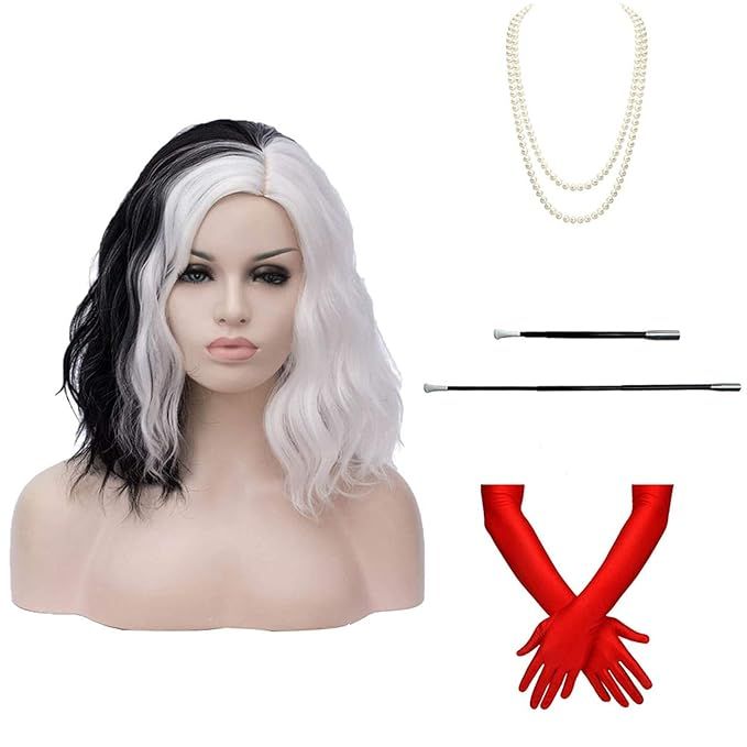 Cying Lin Short Bob Wavy Curly Wig Lady Costume Black and White Wig For Women Cosplay Halloween W... | Amazon (US)