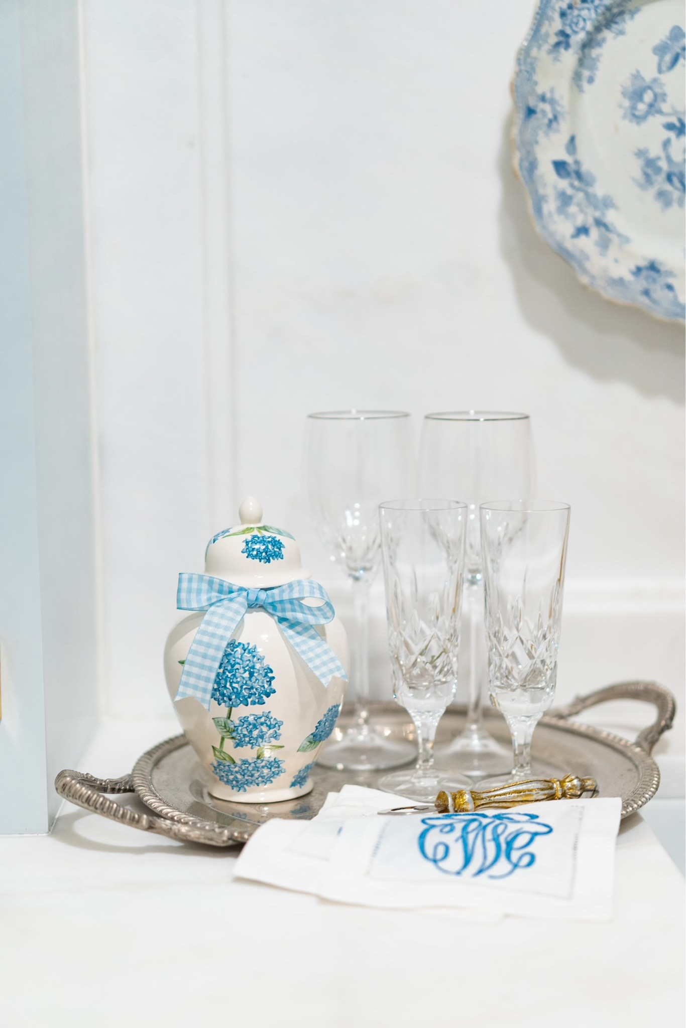 Lauren Haskell x Chapple Chandler collection 🩵 blue hydrangea pottery ceramic vase ginger jar 
pretty dining room decor
ginger jars glasses chinoiserie table decor home accents bar styling cocktail napkins monogrammed linens 

#LTKunder100 #LTKhome #LTKFind