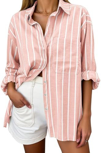Oversized Button Down Shirts for Women Linen Shirt Long Sleeve Collared Blouses with Pocket Beach... | Amazon (US)