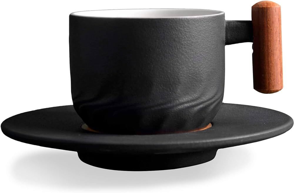 6oz Ceramic Espresso Cup and Saucer Porcelain Latte Cup Wooden Handle Cappuccino Cup Demitasse Cu... | Amazon (US)