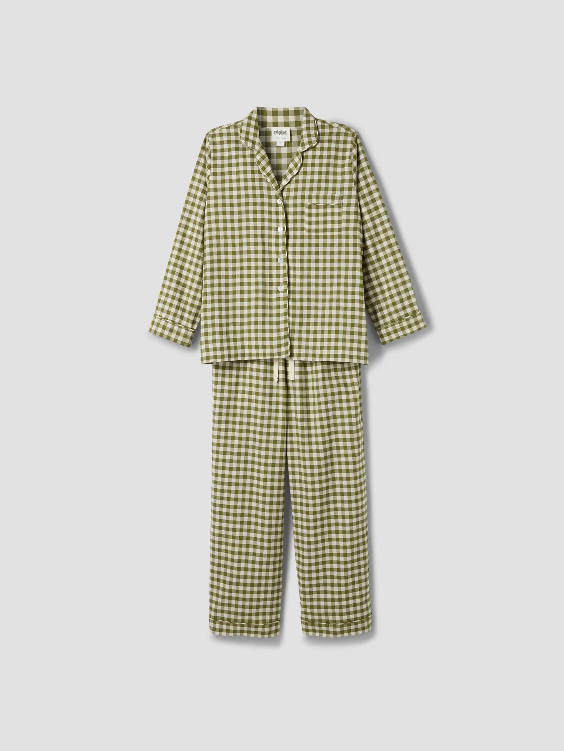 Botanical Green Gingham Linen Blend Pyjama Trouser Set | Piglet