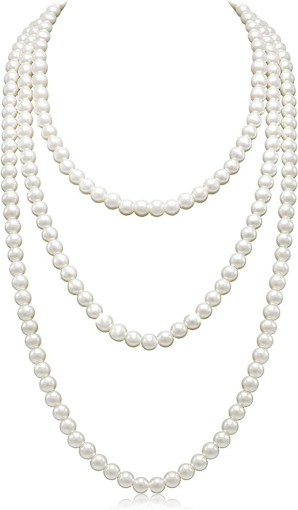 Long Pearl Necklaces for Women Cream White Faux Pearl Strand Layered Necklace Costume Jewelry | Amazon (US)