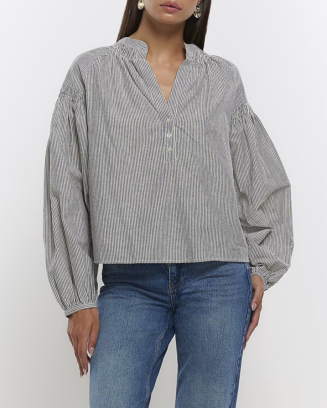 Grey striped puff sleeve smock blouse | River Island (US)