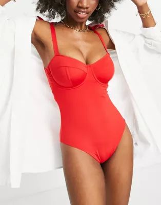 ASOS DESIGN fuller bust tie shoulder underwired swimsuit in red | ASOS (Global)