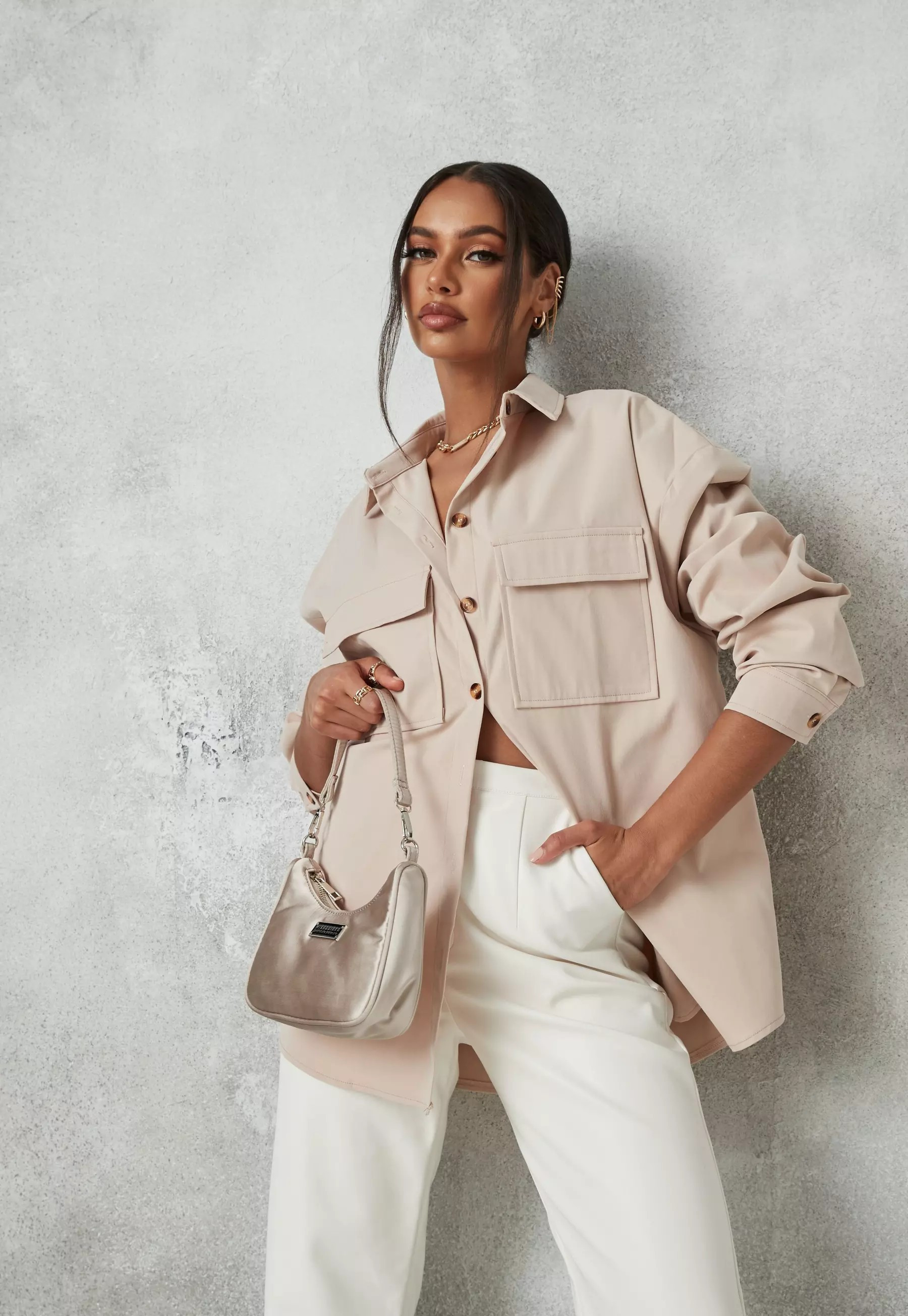 Stone Relaxed Extreme Oversized Utility Shirt | Missguided (US & CA)