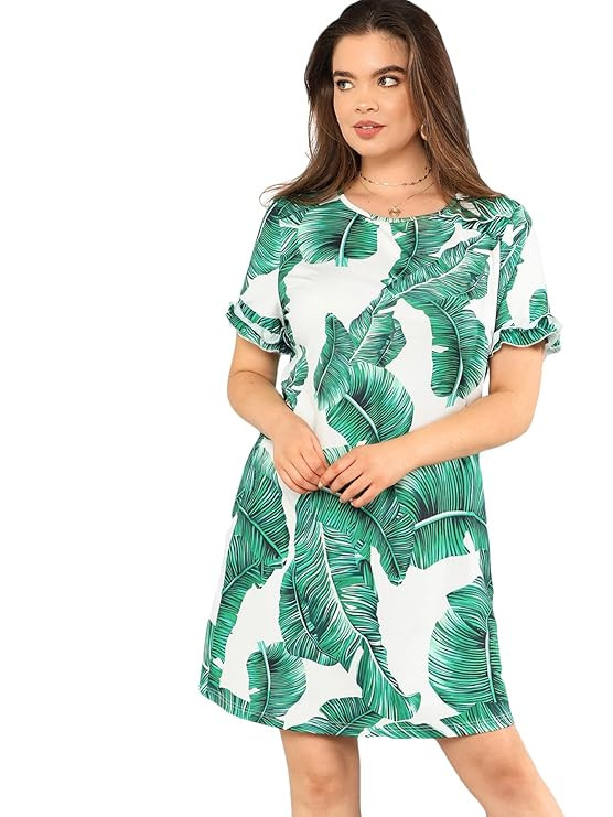 Floerns Women's Palm Leaf Print Short Sleeve Summer Dress | Amazon (US)