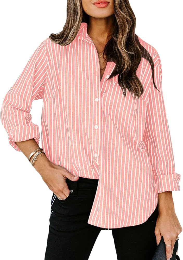 siliteelon Womens Button Down Shirts Cotton Striped Dress Shirt Long Sleeve Collared Office Work ... | Amazon (US)