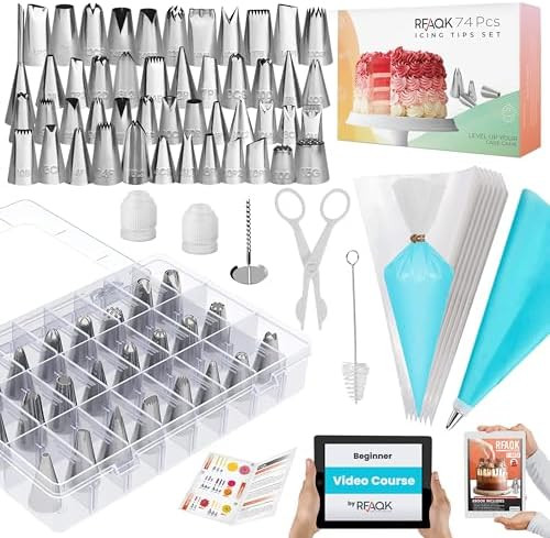 RFAQK 74 PCs Icing Piping Bags and Tips Set, Cake Decorating Kit with 48-Numbered Piping Tips, An... | Amazon (US)