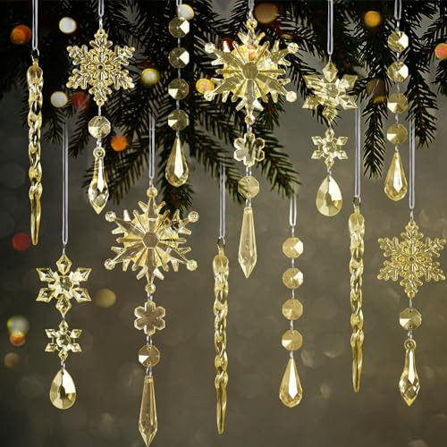 18pcs Crystal Christmas Ornaments for Christmas Tree Decorations-Gold Hanging Acrylic Snowflake and Icicle Ornaments with Drop Pendants for New Year Party Decorations Supplies | Amazon (US)