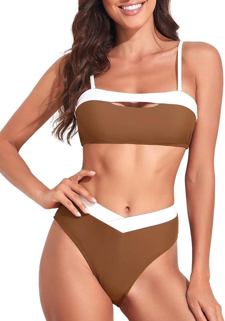 Roselychic Two Piece Swimsuit for Women Color Block High Waisted Bikini Sets Cutout Cute Bathing ... | Amazon (US)