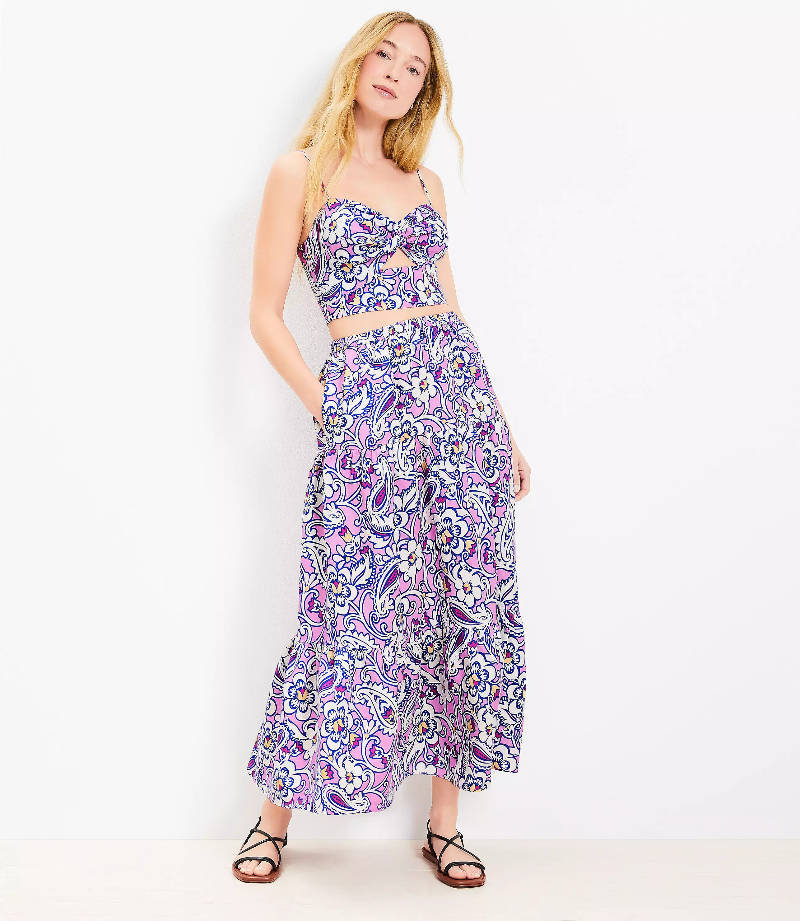 LOFT Beach Paisley Linen Blend Tiered Maxi Pocket Skirt | LOFT