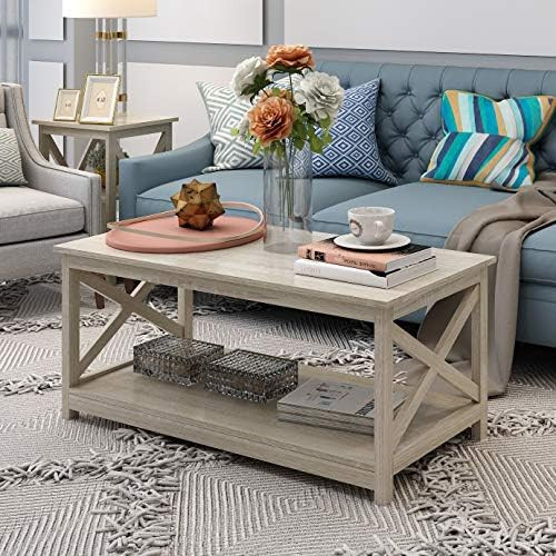 Rainbow Sophia Coffee Table, Modern Farmhouse Wood Coffee Table with 2-Tier Storage, 40 Inch, Whi... | Amazon (US)