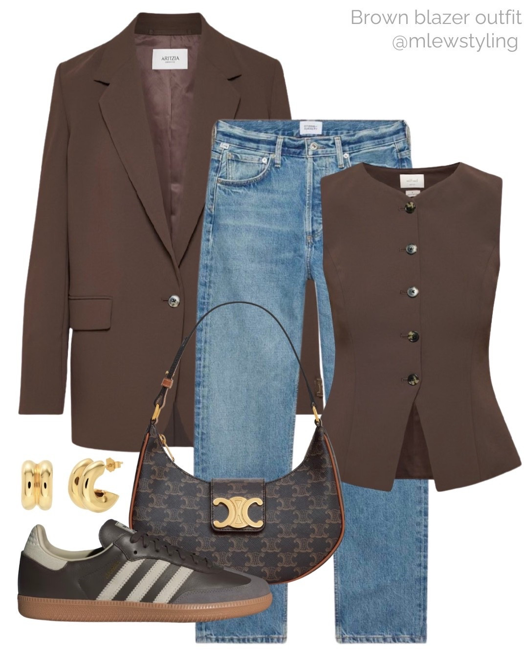 Brown blazer outfit idea 🤎

Tags: spring outfit, aritzia blazer, citizens of humanity jeans, tailored vest, Celine Ava shoulder bag, adidas samba sneakers, gold hoop earrings, casual workwear, work outfit 