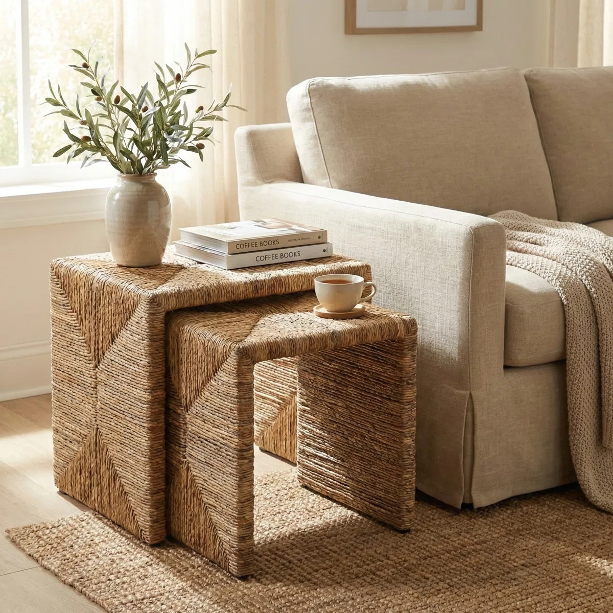 Kanza Abaca Rectangular Nesting Side Table Set Of 2, Natural | Wayfair North America