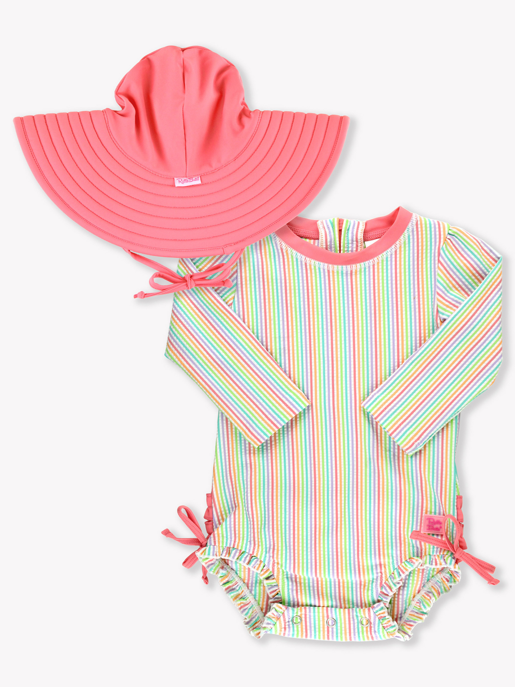 RAINBOW SEERSUCKER LONG SLEEVE ONE PIECE RASH GUARD & STRAWBERRY HAT SET | RuffleButts / RuggedButts
