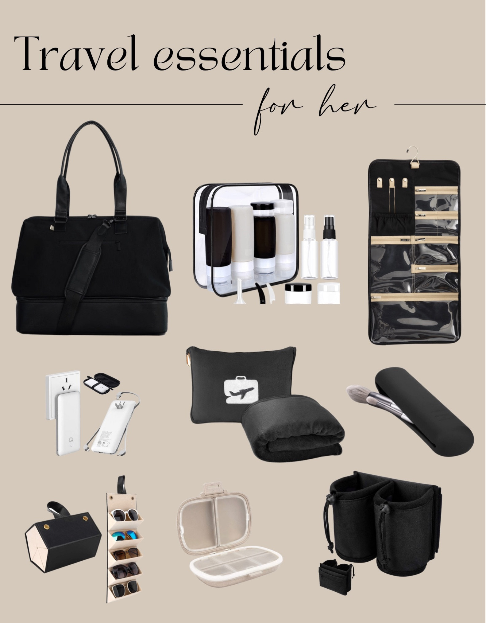 Travel must haves! Beis weekender, portable charger, sunglasses holder, pill organizer, travel pillow and blanket, and more!!✈️ Gifts for her, travel gifts, aesthetic travel. 

#LTKunder100 #LTKtravel #LTKGiftGuide