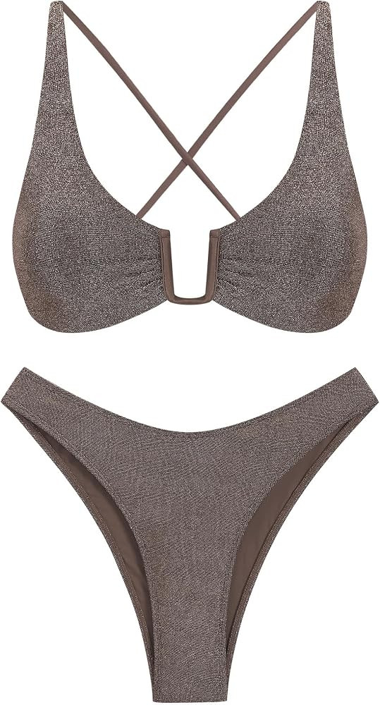 ZAFUL Women's Two Piece Swimsuit Textured U-Wired Metal Criss Cross String Bikini High Leg Bathin... | Amazon (US)