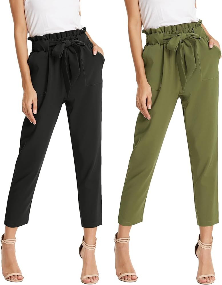 GRACE KARIN 2 Pack Women's Pants Elastic High Waist Belted Casual Pencil Dressy Paper Bag Pants w... | Amazon (US)