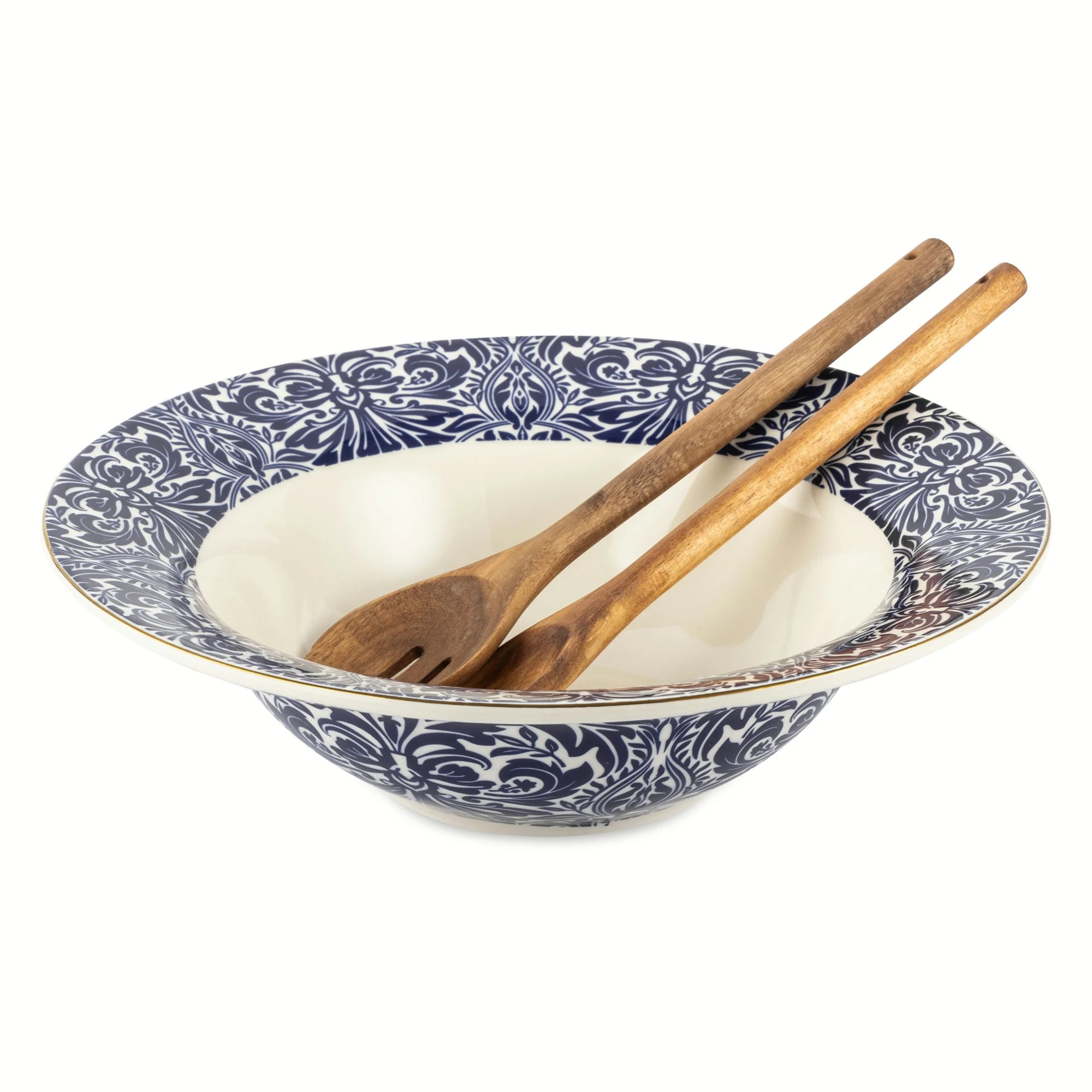 Thyme & Table Nova Ceramic 3-Piece Serve Bowl Navy and White with Wood Serve Utensils | Walmart (US)
