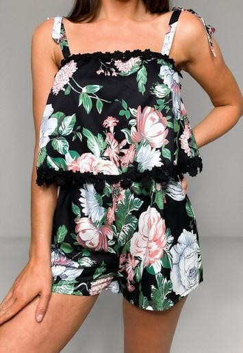 Black Floral Trim Double Layer Romper | Missguided (US & CA)