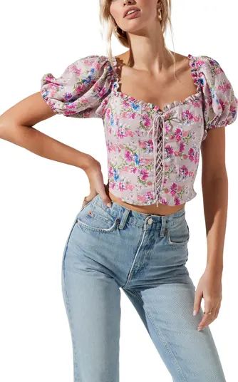 Lace-Up Floral Puff Sleeve Crop Top | Nordstrom