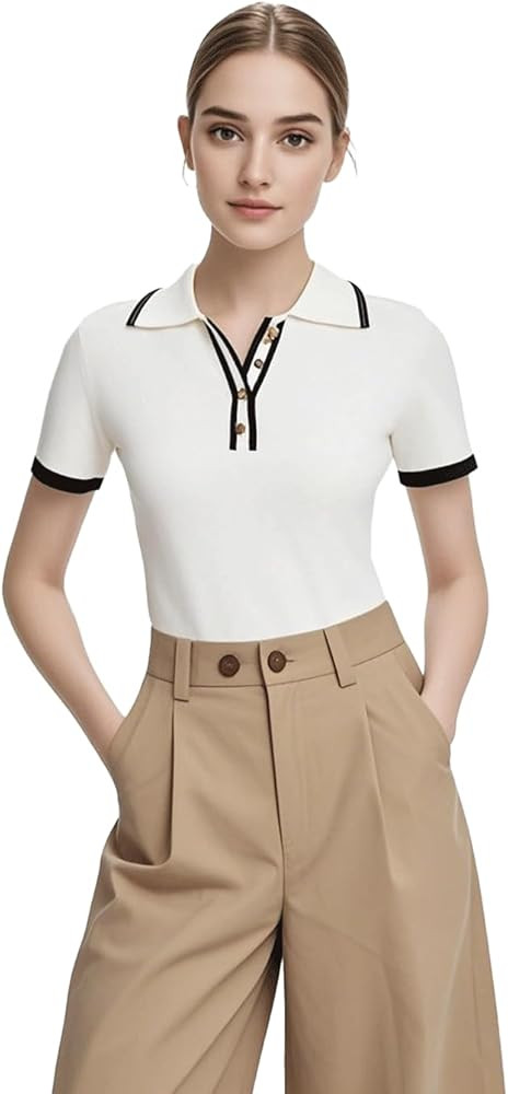 Women's White Short Sleeve Shirt Summer Slim Fit Polo Shirts Cool Breathable Ribbed Casual Top | Amazon (US)
