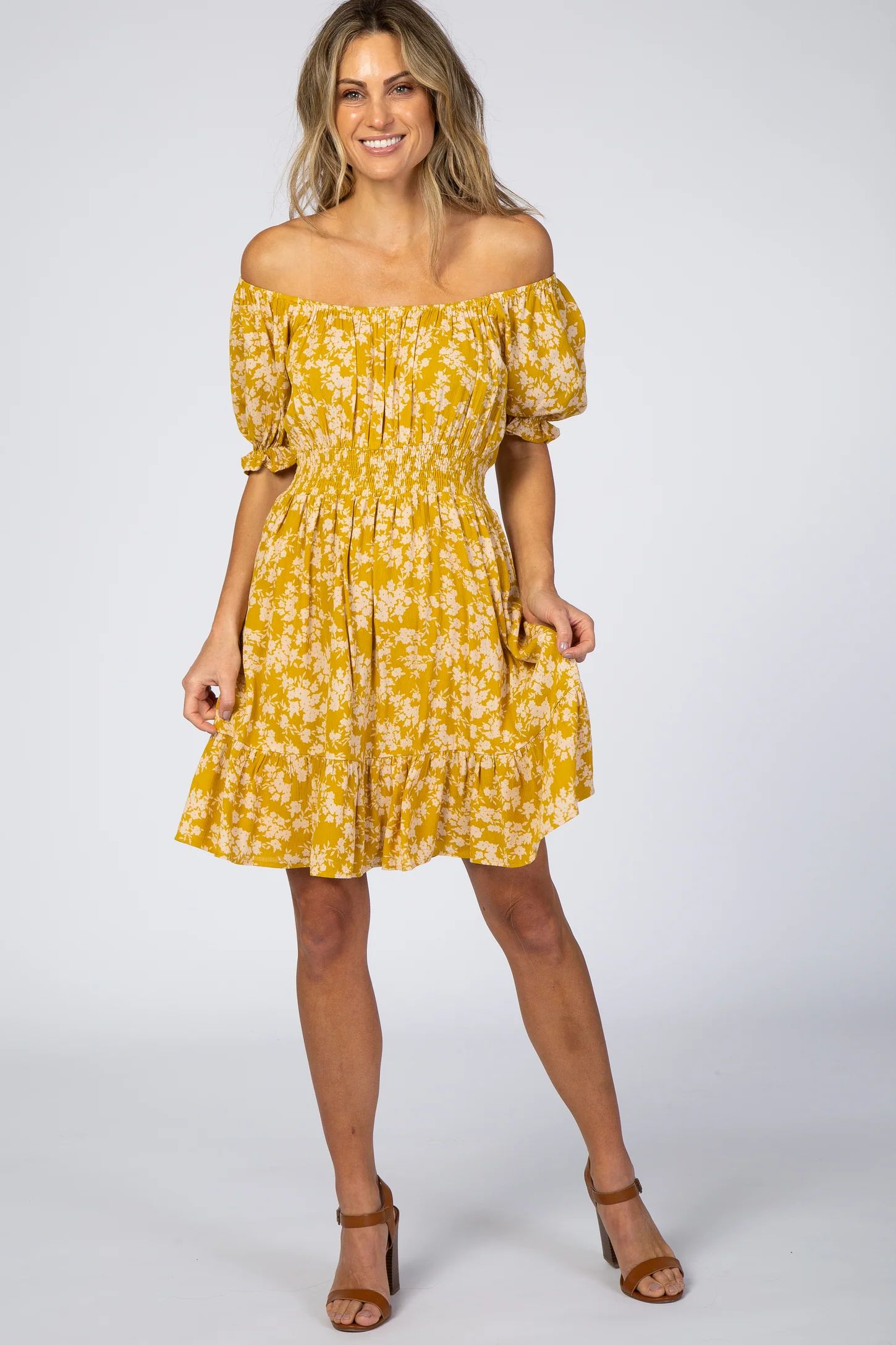 Mustard Floral Off Shoulder Mini Dress | PinkBlush Maternity