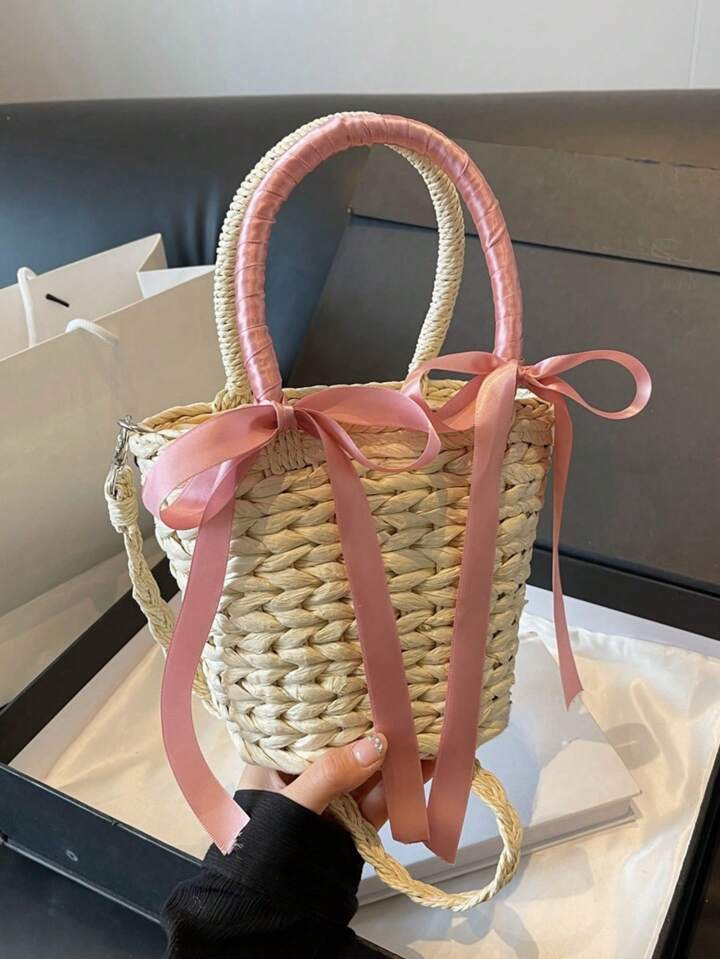 1pc New Light Pink Bow Knot Woven Bag Fashionable Ladies Mini Handbag For Daily Use, Vacation, Be... | SHEIN