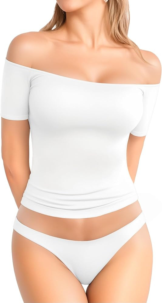 MANGOPOP Off The Shoulder Tops for Women Sexy Short Sleeve T Shirt Slim Fitted Tee Going Out Tops | Amazon (US)