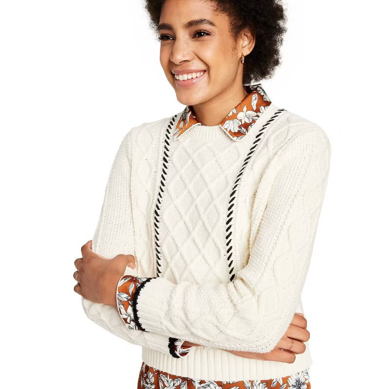 Women's Cableknit Whipstich Stripe Crewneck Sweater - La Ligne x Target Cream/Black | Target