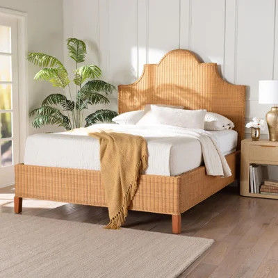 Bali & Pari Melanie Natural Rattan Bed - Coastal Boho Bed Frame With Scalloped Headboard, Queen | Wayfair North America