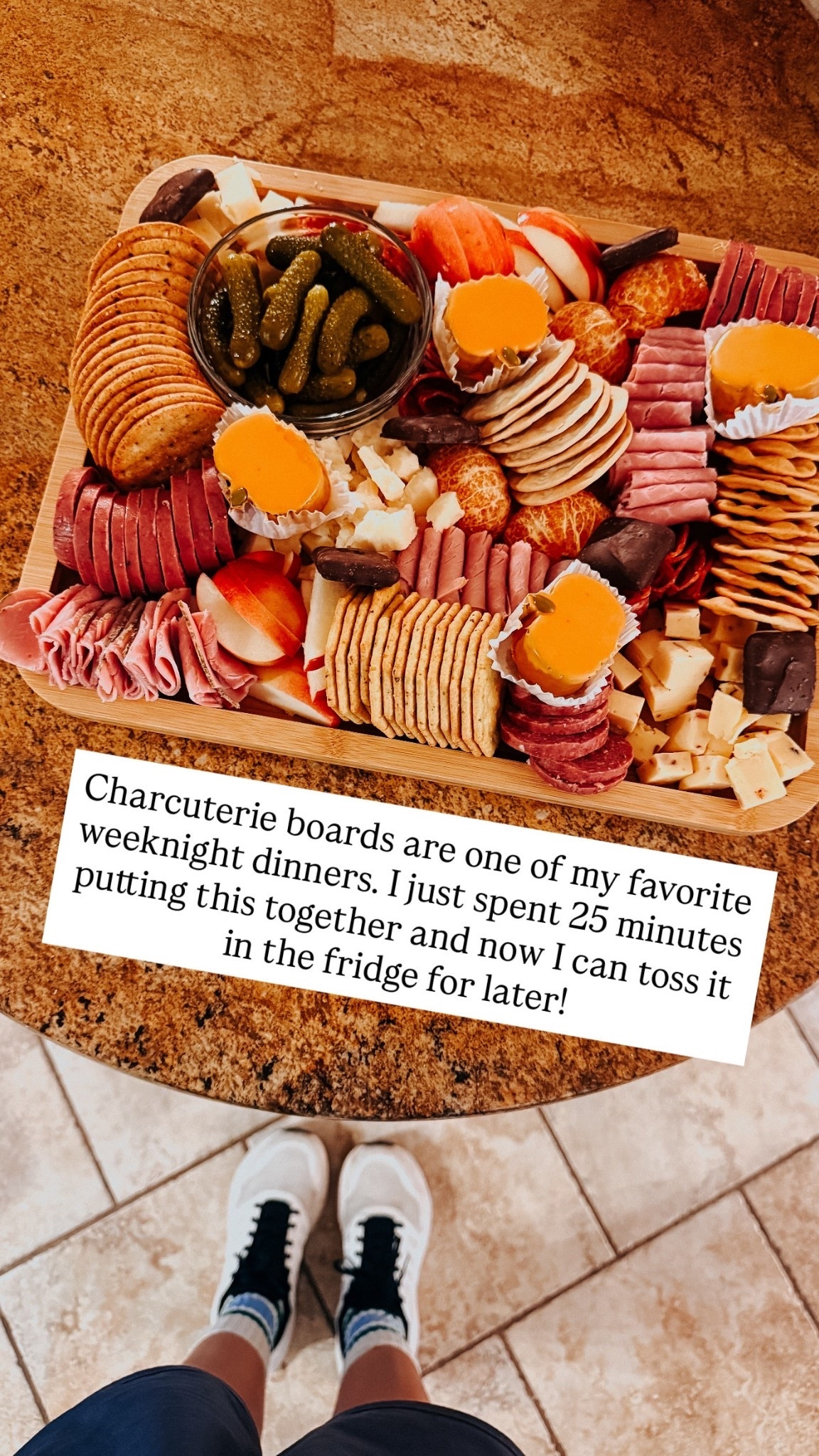 Charcuterie boards are one of my favorite weeknight dinners. I just spent 25 minutes putting this together and now I can toss it in the fridge for later!