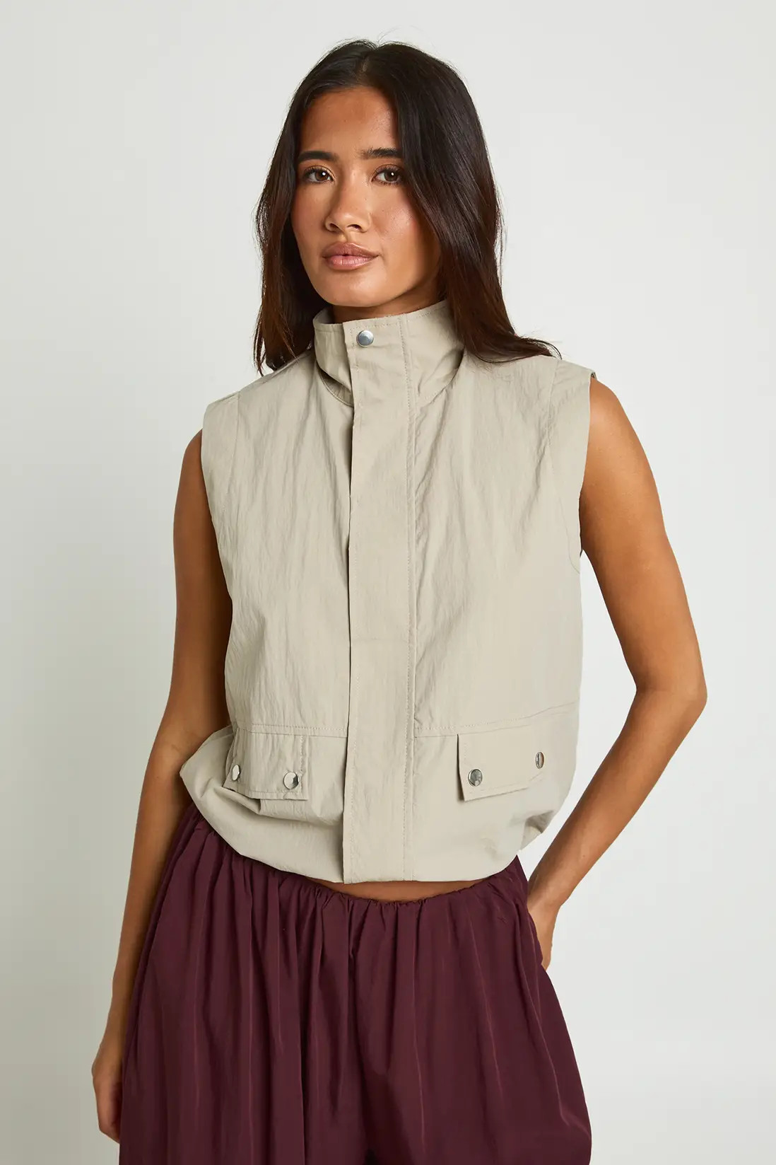 Taupe Funnel Neck Sleeveless Zip Through Top | Boohoo | Boohoo.com (UK & IE)