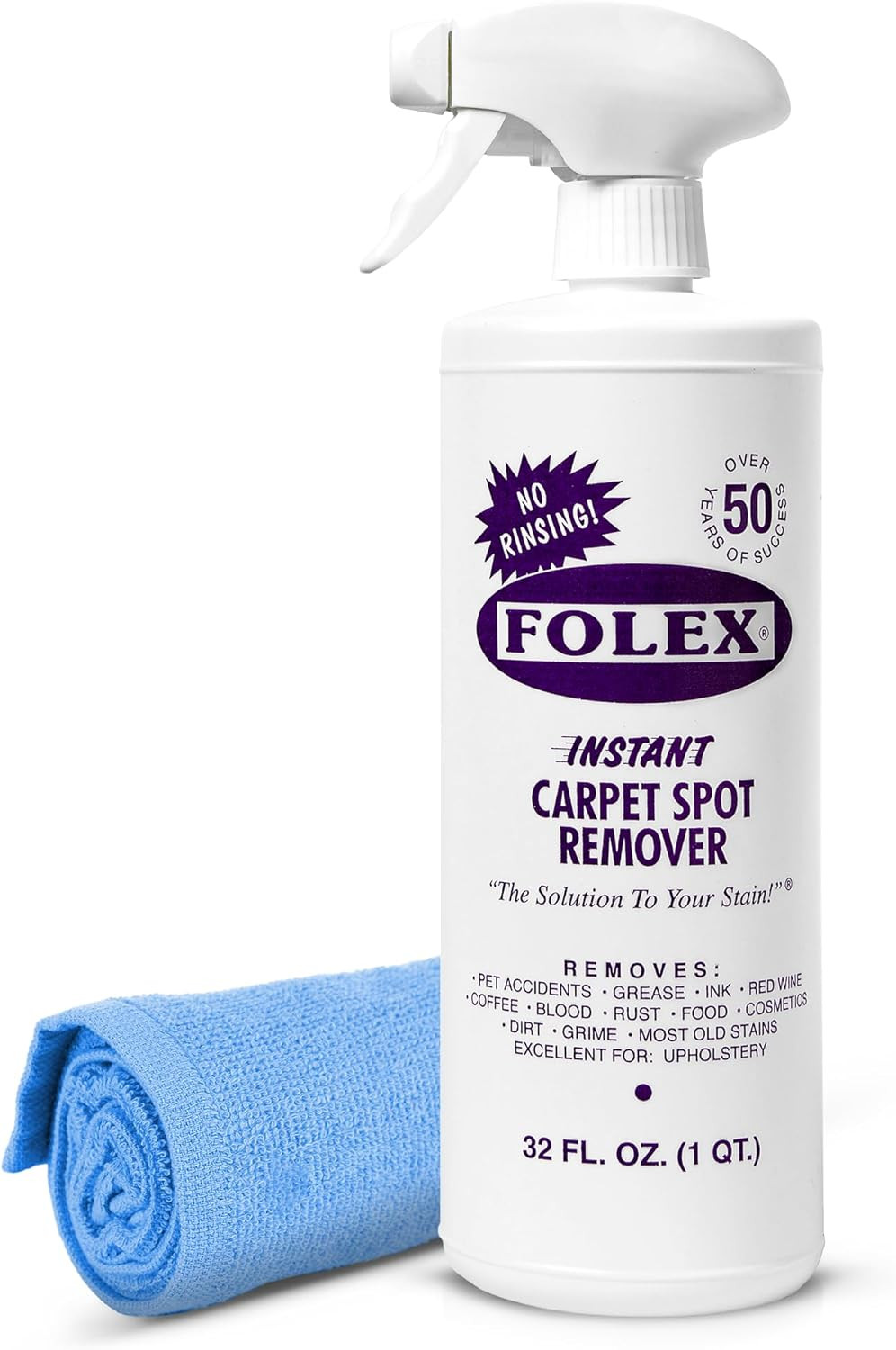 FOLEX Instant Carpet Spot Remover 32 oz – Powerful Stain Remover for Carpets, Upholstery & Rugs – Eliminates Pet Stains, Grease, Red Wine, Food, Makeup & More – With Reusable Cleaning Cloth - 1 Pack | Amazon (US)