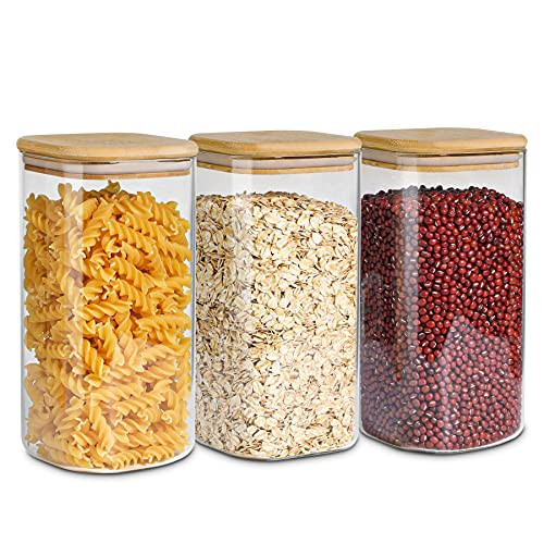 ComSaf Airtight Glass Storage Canister with Wood Lid (51 oz), Clear Food Storage Container Jar with Sealing Lids for Oat Pasta Flour Cereal Rice Sugar Tea Coffee Beans, Set of 3 Square Cookie Jar | Amazon (US)