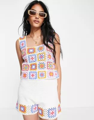 Topshop hand knitted square neck crochet top in multi (part of a set) | ASOS (Global)